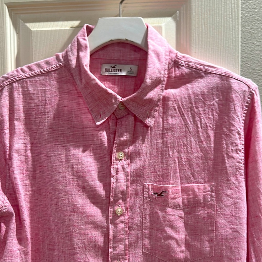 Hollister Linen Men's Pink Button-Up Shirt 07